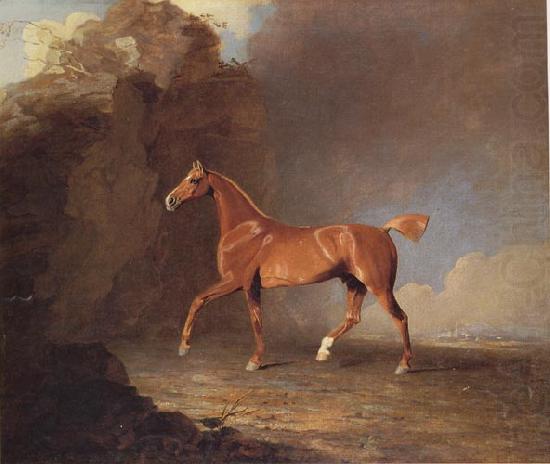 Benjamin Marshall A Golden Chestnut Racehorse by a Rock Formation With a Town Beyond